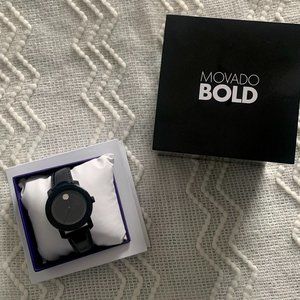 MOVADO BOLD BLACK TONE, BLACK LEATHER BAND WATCH